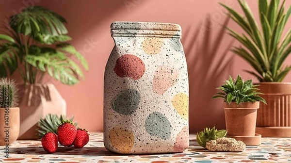 Obraz Kraft paper pouch bag on rustic wooden table with soft-focus plant shadows on the wall behind, natural and organic feel 