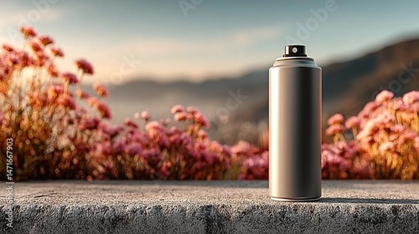Obraz Matte aluminum spray can on concrete slab with soft blurry plants behind, modern and eco style 