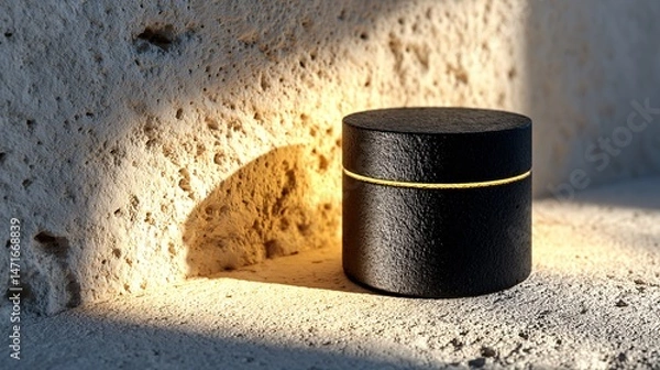Obraz Matte black product box on beige woven textile, with soft morning shadows across surface 