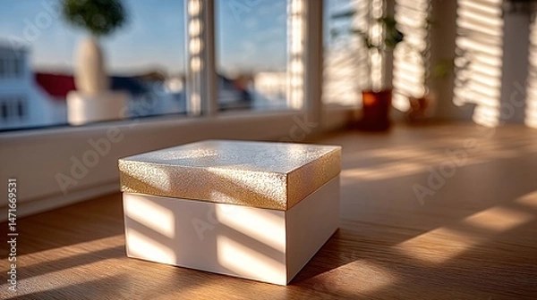 Obraz Paper-wrapped product on rattan tray with cotton cloth background, calm and artisanal feel 