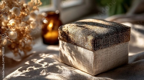 Obraz Silver tin container placed on dark wooden background with warm light cast from the side, refined and premium vibe 