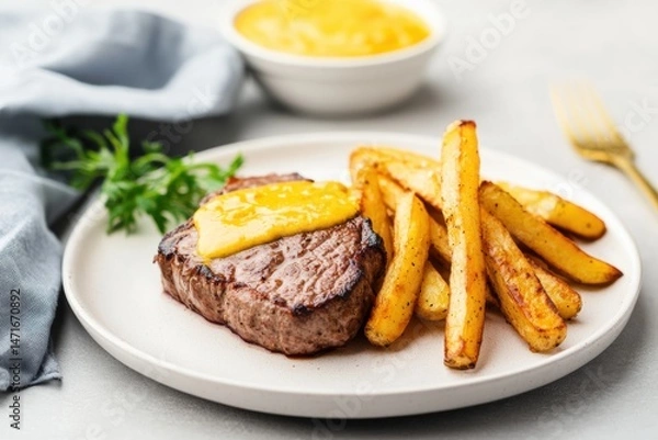 Fototapeta Grilled beef steak with creamy mustard sauce, served with golden French fries and rosemary on a white plate. Gourmet restaurant dish with modern presentation and delicious comfort food styling. Banner