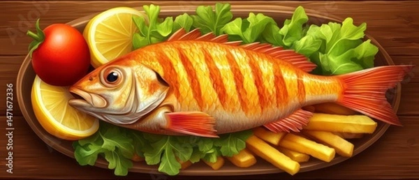 Obraz Grilled fish served with french fries and lemon.