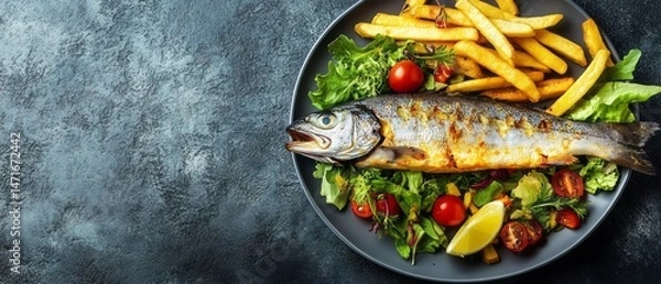 Obraz Roasted fish served with french fries and vegetables.