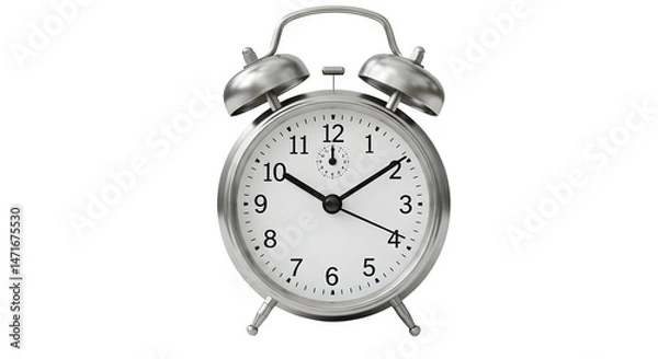 Obraz A close up view of a silver alarm clock showing the time on a black background isolated on white background, tarensparent background, png, jpg,jpeg,  on transparent background