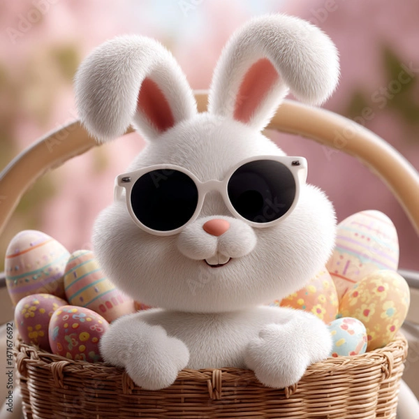 Obraz Cute Easter Bunny with sunglasses looking out of a car filed with easter eggs