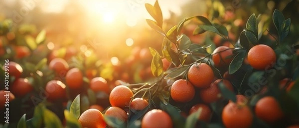 Obraz Abundant citrus fruits on branches in orchard at sunrise.