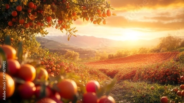 Obraz Vibrant sunset over an orchard filled with ripe fruit.