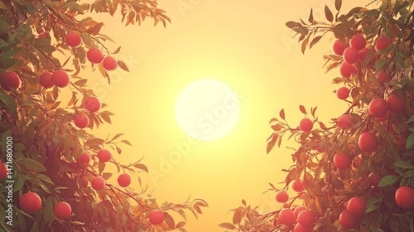 Obraz Warm sunset view through fruit trees.