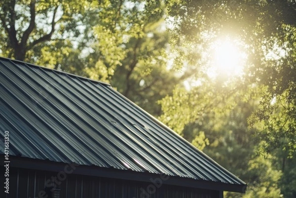 Fototapeta Sleek dark metal roof glowing under warm sunset rays, surrounded by autumn forest. Smooth texture, diagonal composition, vibrant lighting, blurred background, modern and seasonal mood.