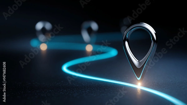 Fototapeta Metallic location pin on glowing blue path, symbolizes journey, navigation, or progress, showcasing route planning or technological advancement