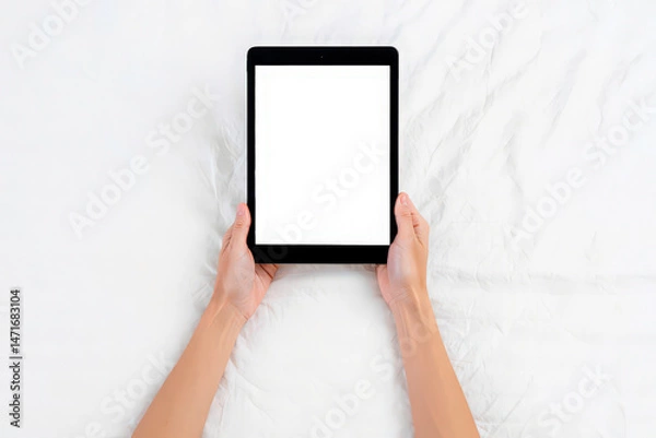 Fototapeta Hands holding black tablet with blank white screen. Tablet lies on clean white bedsheets. Minimalist tech concept. Modern digital device for reading browsing watching videos, studying work 