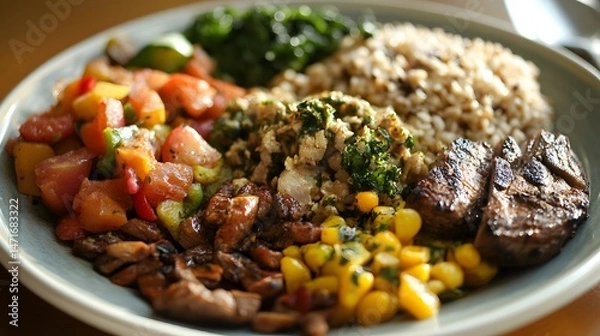 Fototapeta Close-up of a plate filled with whole foods in a colorful balanced meal