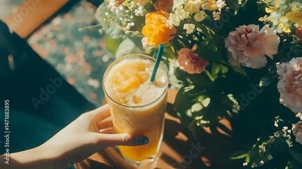 Fototapeta Person enjoying a smoothie made with fresh seasonal fruits as a mindful choice