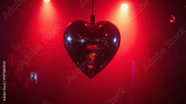 Fototapeta  Vibrant heart shaped disco ball hangs in nightclub. Mirror sphere reflects red light, glistering atmosphere of dance party. Nightlife, music, love, Valentine Day concepts. Clubbing and celebrations