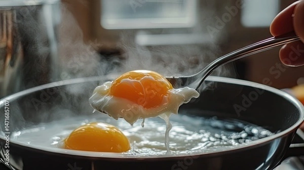 Obraz Slotted spoon lifting delicate poached egg from hot water