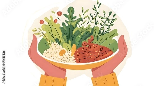 Fototapeta Person preparing a plate with fresh greens and grains as part of a balanced diet