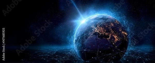 Fototapeta A digital illustration of the Earth with blue light beams connecting various parts, symbolizing