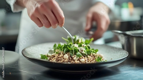 Fototapeta Person preparing a plate with fresh greens and grains as part of a balanced diet