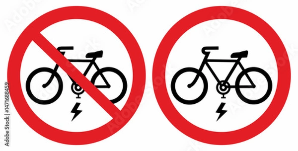 Fototapeta Prohibition sign, no entry with electric bikes, no transportation or storage of electric bikes. Vector icon, set of two symbols.
