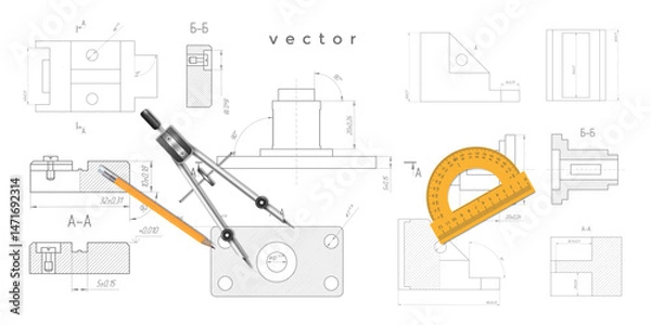 Fototapeta School education. Items for drawing. Engineering industrial background. Technical drawing . Vector illustration