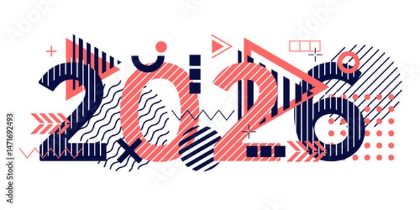 Fototapeta 2026 inscription. Happy New Year . Christmas symbols 2026 . Background of geometric shapes. Vector illustration.