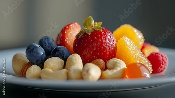 Fototapeta Colorful spread of fresh fruits and nuts for a snack supporting mindful eating