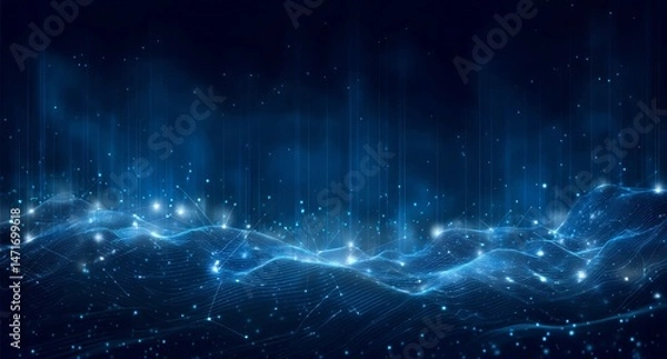 Fototapeta Abstract blue digital line landscape background with glowing dots and lines, a big data technology