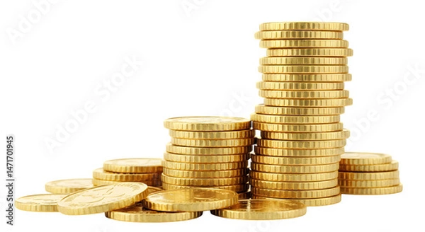 Obraz A close up of stacked golden coins on a black background showing financial growth isolated on white background, tarensparent background, png, jpg,jpeg,  on transparent background