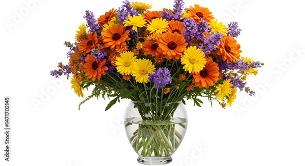 Obraz A vibrant bouquet of orange, yellow, and purple flowers in a glass vase on black isolated on white background, tarensparent background, png, jpg,jpeg,  on transparent background