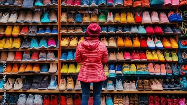 Fototapeta Colorful Shoes Shopping Spree: A Person Browsing an Array of Vibrant Footwear