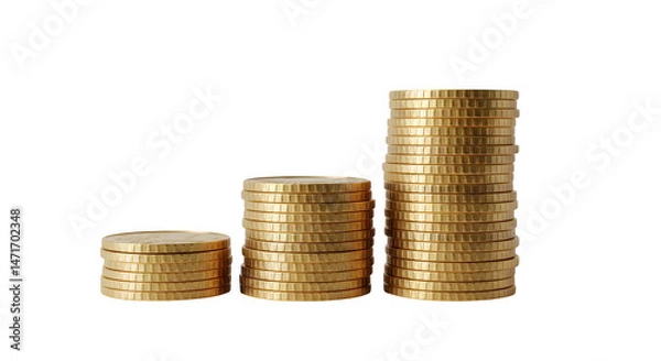 Obraz Three stacks of gold coins arranged in ascending order on a black background isolated on white background, tarensparent background, png, jpg,jpeg,  on transparent background