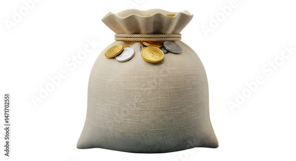 Obraz A money bag with gold and silver coins around the top on a black background view isolated on white background, tarensparent background, png, jpg,jpeg,  on transparent background