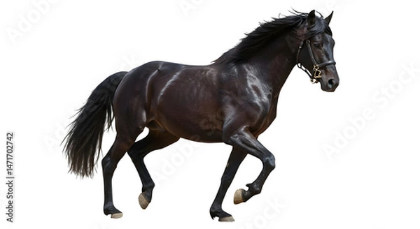Obraz A dark brown horse with a bridle running in front of a black background view isolated on white background, tarensparent background, png, jpg,jpeg,  on transparent background