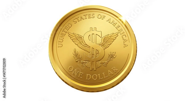 Obraz A close up of a golden one dollar coin with united states of america written on it isolated on white background, tarensparent background, png, jpg,jpeg,  on transparent background