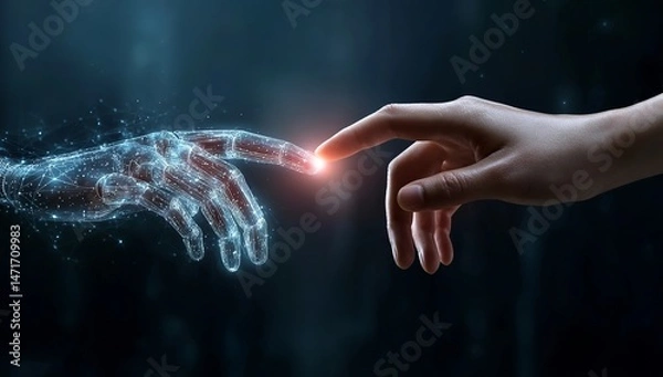 Fototapeta Artificial intelligence and a human hand touching each other, a digital technology concept for the