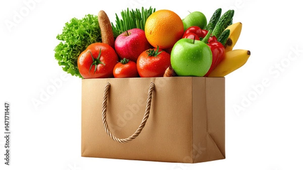 Fototapeta A Bag of Health: A grocery bag overflowing with vibrant fresh produce, representing a healthy lifestyle choice. The diverse selection of fruits, vegetables.