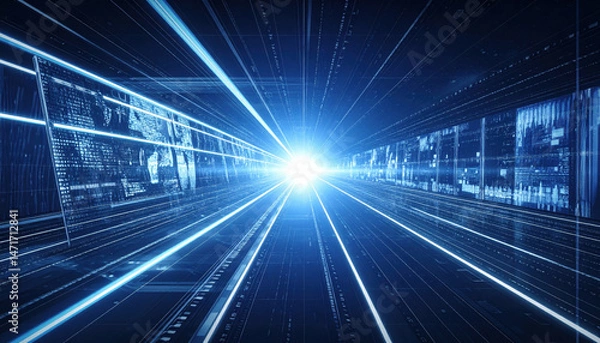 Fototapeta Futuristic Technology Background with Neon Blue Light Rays and Data Panels