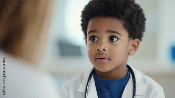 Fototapeta Adorable young boy wearing a doctor’s coat with a stethoscope, attentively listening during a healthcare visit, portraying trust, empathy, and future aspirations