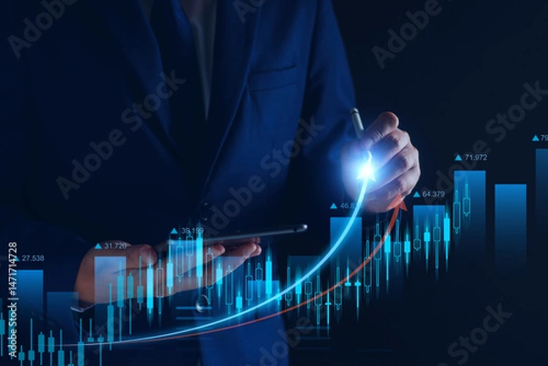 Fototapeta Business growth concept, Businessman analysis profitability, with digital augmented reality graphics, positive indicators, calculates financial data for long term investment