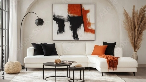 Fototapeta Modern Japandi interior design featuring sectional sofa and abstract artwork against textured stucco wall in minimalist setting
