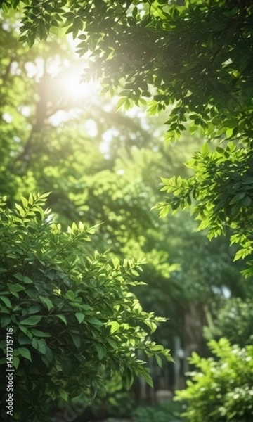 Fototapeta Blurred green leaves, dappled sunlight, soft focus, lush foliage,  green,  bokeh,  diffuse