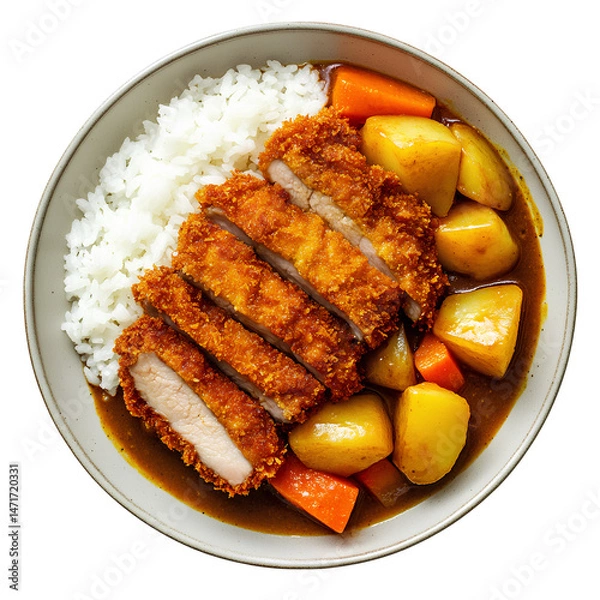 Fototapeta Japanese Katsu Curry with Rice and Vegetables on White Background

