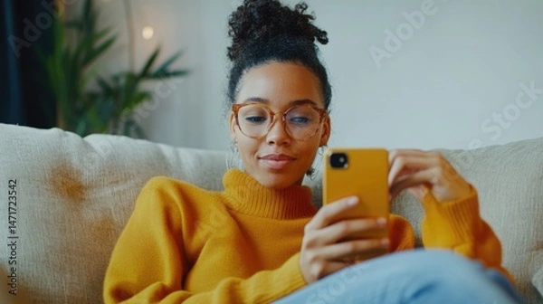 Fototapeta Woman on Sofa Using Smartphone, Relaxed and Cozy Atmosphere