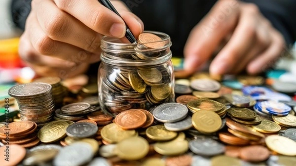 Fototapeta Saving Money: A Close-Up View of Coins Being Added to a Glass Jar