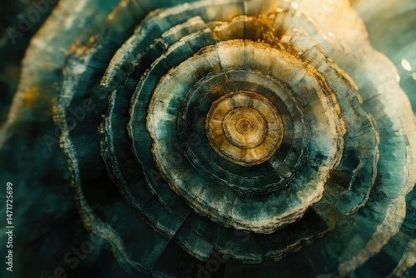 Fototapeta Intricate concentric circles of teal and gold hues showcase a mesmerizing natural formation.