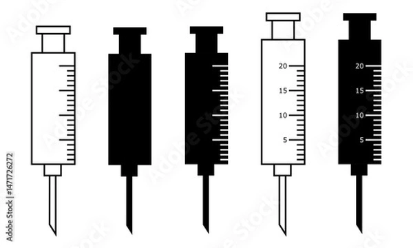 Obraz Syringe with beveled needle set simple vector illustrations, transparent, with measurement markings, scale with numbers, black syringe silhouette