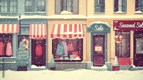 Fototapeta Charming Winter Storefronts: A Festive Snowfall Scene