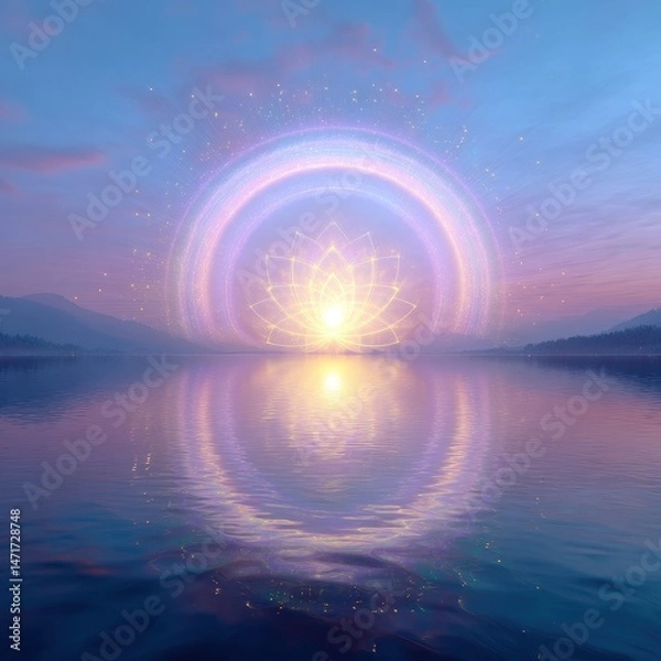 Fototapeta Glowing lotus over serene lake with pastel sky and mountain backdrop, mirrored in the water, creating a peaceful, mystical scene.
