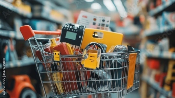 Fototapeta Shopping Cart Filled with Various Items in a Hardware Store
